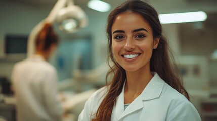 Obraz premium Ultra High Definition Photo of a Smiling Dental Doctor Working in a Modern Clinic, Capturing a Professional and Friendly Atmosphere in People Photography.
