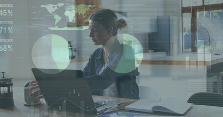 Image of data processing over caucasian woman using laptop