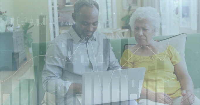 Image of data processing over diverse senior couple using laptop