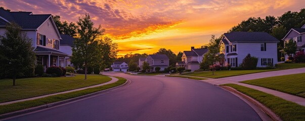 Obraz premium A street with houses and a sunset in the background