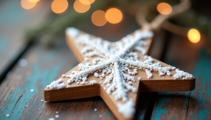 Close-up of a handcrafted wooden star ornament with a snowy white paint finish for a rustic holiday vibe.
