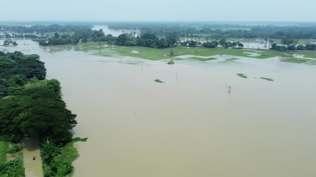 Ariel view shot of West Bengal flood by river Damodar and Mundeshwari in rainy season.