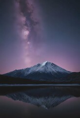 Fototapeta premium Snow-Capped Mountain Under the Milky Way at Night with Starry Sky Reflection in Water – Nighttime Landscape Photography