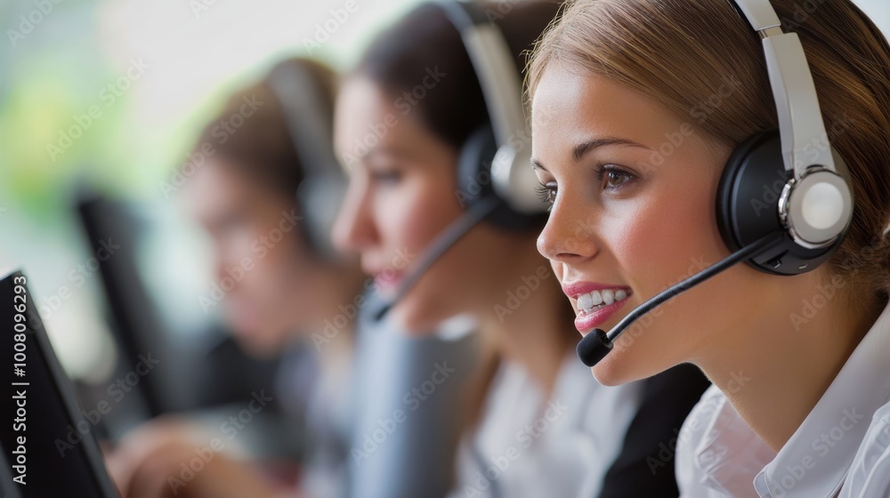Poster a group of customer service representatives wearing headsets, focused on their computer screens whil