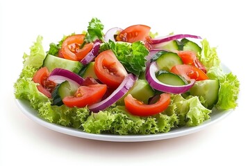 Salad with cucumber, tomato, and onion on a white background.
