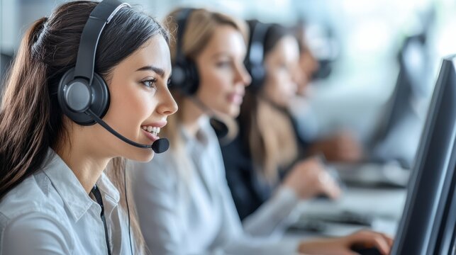 A team of professional call center agents focused on customer service, wearing headsets, and operating computers in a modern office environment.