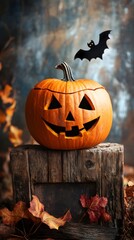 Spooky Jack o Lantern with Bat Silhouette in Autumn Forest Backdrop