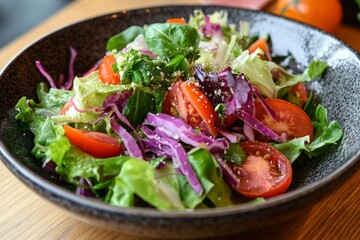 A fresh salad with lettuce, tomatoes and cucumber in bowl on wooden table close up.
