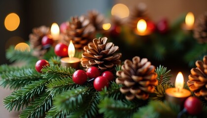 Festive wreath decorated with pinecones, berries, and miniature lights captured in a detailed close-up for a holiday design.