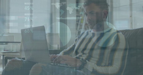 Image of data processing over caucasian man using laptop