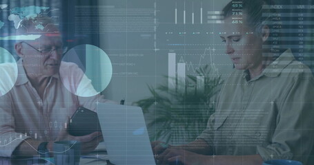 Image of data processing over caucasian senior couple using laptop