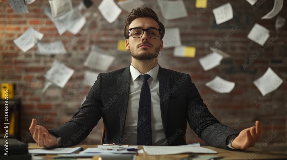 Poster a businessman practices mindfulness amidst a chaotic workspace, reflecting focus and calm in a clutt