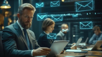 Businesspeople in an office reviewing an email chain unaware of the compromise, BEC fraud, email threat