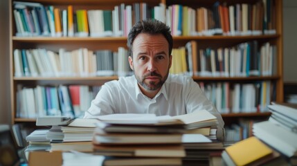 A focused man sits among piles of books in a library, conveying a sense of concentration and the pursuit of knowledge.