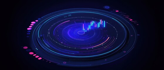 A futuristic digital interface displaying blue and purple data visualizations, suggesting market trends or analytics.