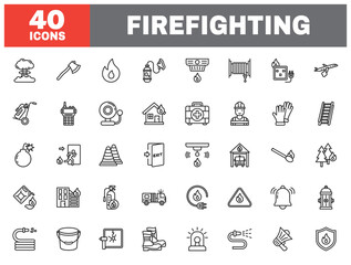 Set of 40 line icons firefighting. Outline icon collection. Editable stroke. Vector illustration.