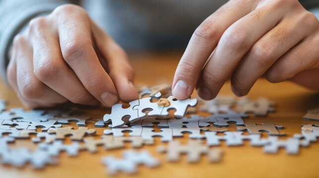 A person is assembling a jigsaw puzzle, focusing intently while surrounded by scattered puzzle pieces on a wooden table.