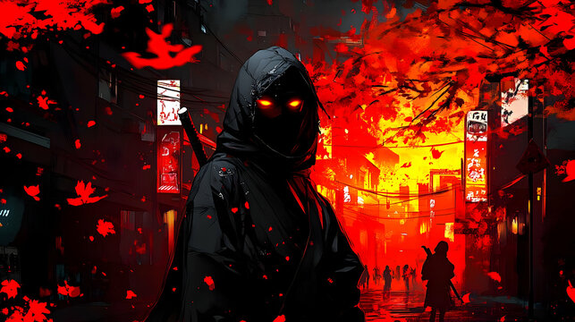 A Shadowy Figure Stands in a City with Red Leaves Falling, A City with Red and Orange Lights