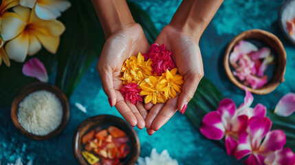 Hands Offering Vibrant Flowers in a Relaxing Spa Setting