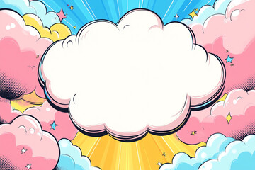 A vibrant comic book style cartoon background featuring large white cloud surrounded by colorful clouds in shades of pink, blue, and yellow. This playful design evokes sense of joy and creativity