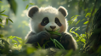 Adorable Panda Cub Enjoying a Delicious Meal of Fresh Bamboo Shoots in Lush Greenery, a Symbol of Nature's Beauty and Tranquility