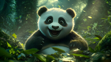 Obraz premium Cute Panda Bear Smiles In The Forest, 3D Animation, Jungle Background, Green Leaves, Lush Greenery, Wildlife, Nature, Adorable, Happy Panda, Smiling Face, Cartoon Character, Adorable Panda Bear