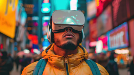 Obraz premium VR Language Learning: Immerse yourself in a new language by exploring virtual markets and cities, interacting with native speakers to enhance your skills in context. 