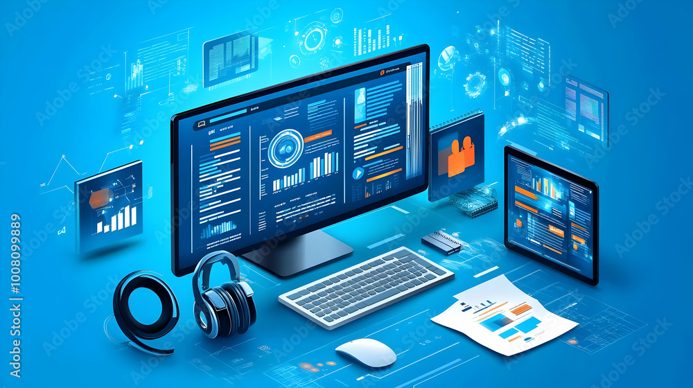 Poster modern workplace with digital devices and data analysis for business innovation