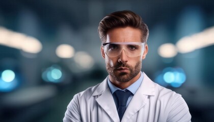 Confident Young Scientist in a Modern Laboratory, Wearing Protective Goggles and Lab Coat, Staring Intently at the Camera, Symbolizing Research and Innovation in a High-Tech Science Environment