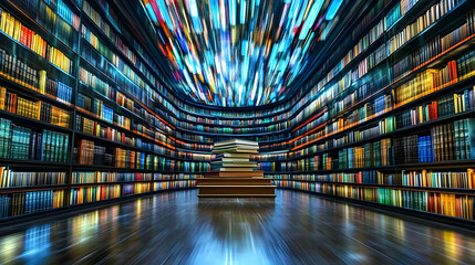 Large Library Interior with Bookshelves and Books in a Circular Pattern