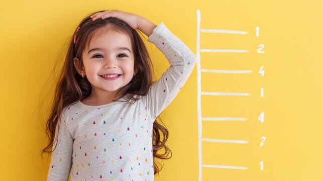 A smiling girl stands next to a height chart on a yellow wall, marking her growth.