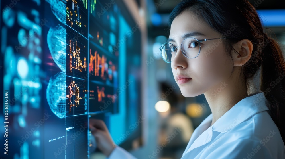 Canvas Prints A focused woman in a lab coat analyzes digital data on interactive screens, highlighting themes of technology, research, and innovation.