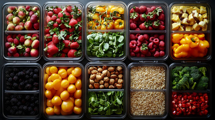 A Colorful Array of Fresh Produce and Grains in Divided Containers