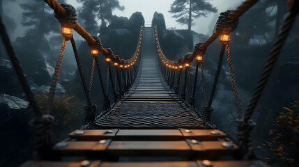 Obraz premium A Foggy Forest Journey - Walking Across a Rustic Rope Bridge with Lanterns Guiding the Way