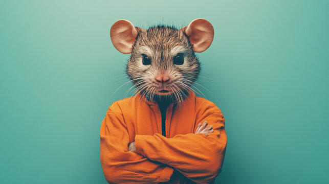 A mouse wearing an orange jacket stands with arms crossed against a teal background.