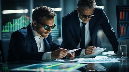 Two business professionals analyzing financial data late at night in a modern office setting