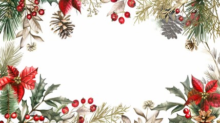 Fototapeta premium A white background with a red and green Christmas tree and red berries. Decorative watercolor frame for cards, invitations, banners