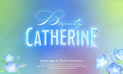 ”Catherine Beauty” Editable title logo text style effect.A fantastic space filled with Light blue, light green.Nemophila background, shine brightly Rounded sans serif typeface
