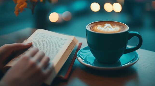 A cozy cafe scene with a person reading a book while sipping coffee. 