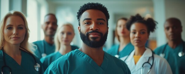 A team of diverse doctors and nurses in scrubs, engaged in a team-building exercise, demonstrating unity in diversity, diverse healthcare, teamwork