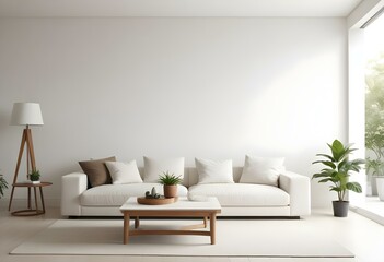 Naklejka premium Modern living room with a large white sofa, a wooden coffee table, and a potted plant in the corner.