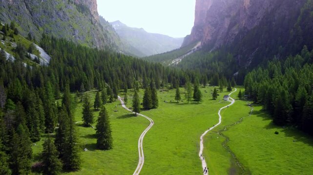 Meadows In Mountain Valley In Vallunga, South Tyrol, Italy - Aerial Shot