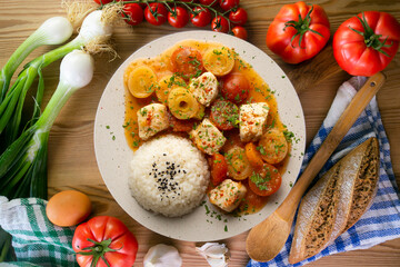 White fish stew with leeks and cherry tomatoes served with rice. Top view table with  decoration.