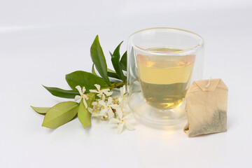 clear tea cup, tea bag and jasmine flower 
