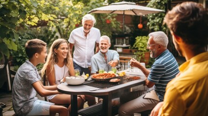 A multi-generational family enjoys a vibrant BBQ in the garden, laughter and stories filling the air, celebrating connection and togetherness.