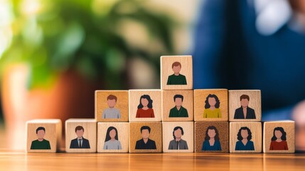 A stack of wooden blocks featuring distinct images of people, arranged in a pyramid shape, with a blurred background of greenery and a person in focus.