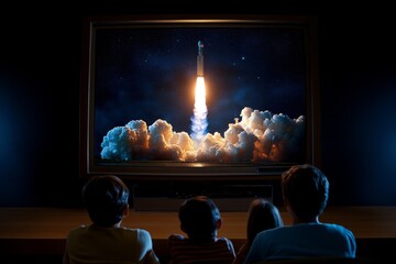 A family watching a space launch on television in the 1960s, symbolizing the excitement and collective aspirations of yesterdayâ€™s society during the space race