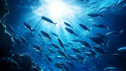 A School of Fish Swimming in the Blue Ocean Water with Sunbeams Shining Through