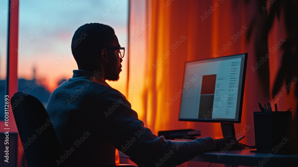 Canvas Prints A silhouette of a person working at a computer, illuminated by warm sunset colors through a window, creating a serene evening atmosphere.