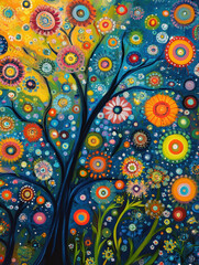 A fantastic world with flowers, trees and people. AI generative.